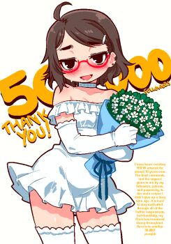1girl ahoge artist_self-insert blush bouquet brown_hair chan_ponchii_(pongldr) commentary dress elbow_gloves english_commentary flower glasses gloves hair_ornament hairclip original pongldr red-framed_eyewear solo thighhighs white_gloves