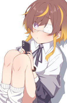 Rule 34 | 1girl, absurdres, anya melfissa, aobara hairi, blonde hair, bracelet, brown hair, cellphone, check commentary, commentary request, drop shadow, eyepatch, gradient hair, highres, hololive, hololive indonesia, jacket, jacket partially removed, jewelry, light blush, loose socks, medical eyepatch, multicolored hair, neck ribbon, open clothes, open jacket, open mouth, phone, purple eyes, ribbon, shirt, simple background, smartphone, socks, solo, streaked hair, two-tone hair, virtual youtuber, white background, white shirt, white socks