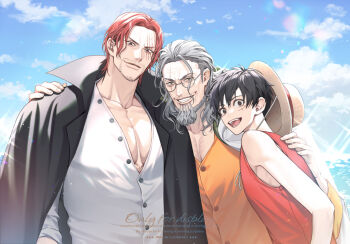 3boys beard black_hair cloud commentary_request facial_hair glasses hair_slicked_back hat male_focus monkey_d._luffy multiple_boys one_piece outdoors red_hair red_shirt scar scar_on_face shanks_(one_piece) shirt silvers_rayleigh sleeveless sleeveless_shirt sparkle straw_hat white_hair white_shirt yoshicha
