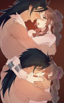 1boy 1girl absurdres aerith_gainsborough arms_around_neck black_hair blood blood_from_mouth blue_eyes blush braid braided_ponytail brown_hair couple fang fangs final_fantasy final_fantasy_vii final_fantasy_vii_remake french_kiss from_side hand_on_another&#039;s_back hand_on_another&#039;s_head hetero highres hug kiss long_hair nude open_mouth origussy red_background saliva saliva_trail simple_background single_braid skin_fang tongue vampire zack_fair