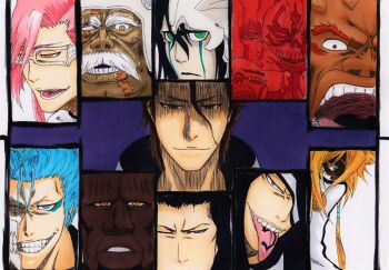 >:) 1girl 6+boys aaroniero_arruruerie aizen_sousuke alpen_no_koyari baraggan_louisenbairn black_hair blank_eyes bleach blonde_hair blue_eyes blue_hair brown_eyes brown_hair closed_mouth commentary_request coyote_starrk dark-skinned_female dark-skinned_male dark_skin everyone evil_grin evil_smile expressionless eyepatch facial_hair fang glasses green_eyes grimmjow_jaegerjaquez grin hair_between_eyes helmet kubo_tite_(style) lips long_hair looking_ahead looking_at_viewer male_focus multiple_boys mustache nnoitra_gilga nose official_style old old_man one_eye_closed one_eye_covered open_mouth parted_lips pink_hair portrait purple_background purple_eyes red_eyes shaded_face short_eyebrows short_hair simple_background skirt slit_pupils smile smug szayelaporro_granz tattoo teeth thick_eyebrows tier_harribel tongue tongue_out tongue_tattoo tsurime ulquiorra_cifer v-shaped_eyebrows white-framed_eyewear white_background white_skirt wide-eyed yammy_llargo yellow_eyes zommari_rureaux