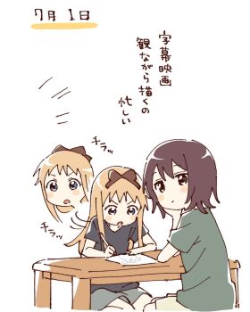 2girls black_shirt blonde_hair blue_eyes blush_stickers bow brown_bow brown_eyes brown_hair closed_mouth funami_yui green_shirt grey_shorts hair_bow hashtag-only_commentary head_rest highres holding holding_pen long_hair motion_lines multiple_girls namori open_mouth pen shirt short_hair short_sleeves shorts simple_background sitting table toshinou_kyouko translation_request v-shaped_eyebrows white_background writing yuruyuri