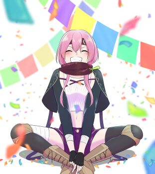 1girl black_gloves blush chiyo_minase gloves grin happy_birthday heaven_burns_red highres long_hair matsuoka_chiroru pink_hair red_eyes scarf shorts smile solo string_of_flags