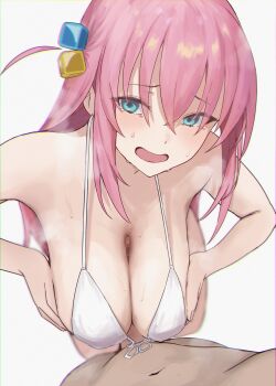 1boy 1girl absurdres bare_shoulders bikini blue_eyes blush bocchi_the_rock! breasts breasts_squeezed_together censored cleavage collarbone cube_hair_ornament false_smile gotoh_hitori hair_between_eyes hair_ornament hetero highres large_breasts long_hair looking_at_viewer mosaic_censoring one_side_up open_mouth paizuri penis pink_hair putama scared smile solo_focus sweat swimsuit tears white_background