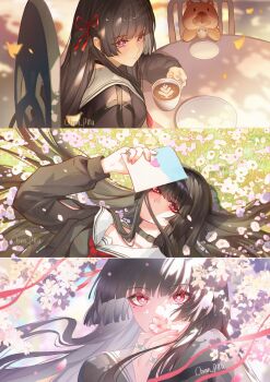 1girl absurdres black_hair black_jacket breasts bright_pupils cherry_blossoms chinnpou chisa_(wuthering_waves) closed_mouth commentary covered_mouth cup fingernails flower hair_ribbon hashtag-only_commentary highres holding holding_cup holding_flower holding_paper jacket latte_art looking_at_viewer lying medium_breasts mole mole_under_eye multiple_views namipon_(wuthering_waves) on_back paper red_eyes red_ribbon ribbon sailor_collar signature white_pupils white_sailor_collar wind wuthering_waves