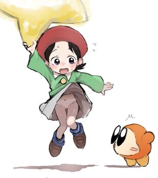 1girl adeleine arm_up black_eyes black_hair blue_socks blush blush_stickers brown_shoes dot_nose dress facing_viewer forehead green_dress haburashi hanging hat highres holding kirby_(series) kirby_64 loli looking_at_another nintendo no_mouth no_nose nose_blush panties pantyshot purple_eyes red_hat shoes short_hair simple_background socks standing straight_hair sweat tiptoes underwear upskirt waddle_dee white_background white_panties