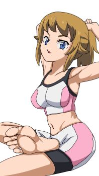 1girl barefoot blue_eyes feet gundam gundam_build_fighters highres hoshino_fumina jmpdwgtdw938 long_hair looking_at_viewer parted_lips ponytail soles toes