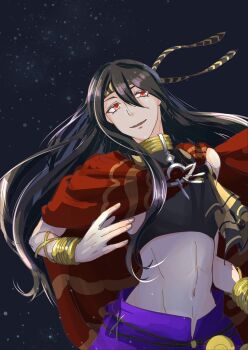 1boy black_hair dancer fire_emblem fire_emblem_engage hair_between_eyes male_focus morishio_matsuge nintendo pants purple_pants red_eyes seadall_(fire_emblem)