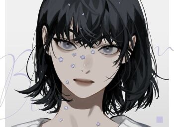 1girl aegyo_sal black_eyes black_hair blackbox_(blackbox9158) bob_cut expressionless falling_petals flower han_sooyoung head_tilt looking_at_viewer omniscient_reader&#039;s_viewpoint petals portrait short_hair solo