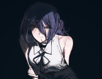 1girl arms_behind_back black_background black_choker black_ribbon black_shorts blue_hair chainsaw_man choker closed_mouth green_eyes hair_between_eyes leaning_forward moku_(muooku) neck_ribbon reze_(chainsaw_man) ribbon shirt shorts sleeveless sleeveless_shirt smile solo white_shirt