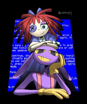 1boy 1girl arms_on_head black_eyes blue_bow blue_dress bow button_eyes buttons colored_sclera colored_teeth dress from_below furry furry_male gloves hair_bow hashtag-only_commentary highres jax_(the_amazing_digital_circus) looking_at_viewer medium_hair mismatched_eyes puffy_short_sleeves puffy_sleeves rabbit_boy ragatha_(the_amazing_digital_circus) red_hair short_sleeves smile the_amazing_digital_circus twitter_username wktmqtj yellow_gloves yellow_sclera yellow_teeth