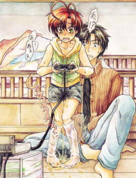 2boys 2ku9 ahoge barefoot bed bedroom black_hair denim game_console green_eyes hood hoodie jeans male_focus multiple_boys open_clothes open_mouth open_shirt original pants peeing peeing_self puddle red_hair room shirt short_hair shorts shota sitting spread_legs standing steam super_famicom sweatdrop tears thigh_gap traditional_media translated video_game