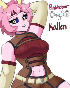 1girl absurdres acidart artist_name ashido_mina black_sclera boku_no_hero_academia code_geass colored_sclera colored_skin cosplay female_focus highres horns kouzuki_kallen pink_hair pink_skin solo yellow_eyes yellow_horns