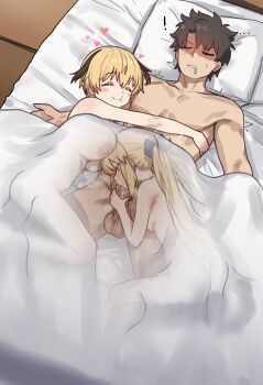 ! 1boy 2girls absurdres alternate_breast_size_(larger) artoria_caster_(fate) artoria_pendragon_(fate) ass bad_link black_hair blonde_hair breasts ebora exhausted fate/grand_order fate_(series) fellatio fujimaru_ritsuka_(male) gareth_(fate) green_eyes hair_flaps hetero highres hug large_breasts large_penis long_hair looking_at_penis multiple_girls nipples nude on_bed oral penis pussy_juice see-through_clothes short_hair small_breasts smile testicles twintails uncensored under_covers