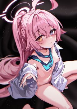 1girl absurdres ahoge blue_archive blue_necktie blush breasts colored_pubic_hair halo highres hoshino_(blue_archive) light_blush light_smile necktie nipples pink_hair pink_halo ponytail pubic_hair shirt small_breasts solo white_shirt