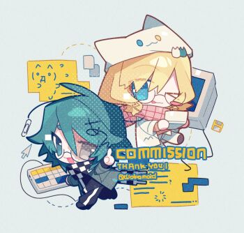 &gt;_o 2girls :3 :d ;3 ;p animal_hat ball_hands black_pants blonde_hair cat_hat checkered_clothes checkered_scarf chibi chibi_only closed_mouth commission computer_keyboard crt cursor double-parted_bangs emoticon full_body glasses green_eyes green_hair grey_eyes hair_between_eyes handheld_game_console hat heterochromia highres holding holding_handheld_game_console jacket kaomoji long_sleeves looking_at_viewer meimei_(wakamoid) multiple_girls one_eye_closed open_mouth original pants round_eyewear scarf short_hair simple_background smile thank_you thick_eyebrows tongue tongue_out twitter_username watermark white_hat white_jacket