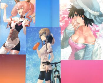 3girls absurdres akiha_rumiho amane_suzuha animal_ears annotation_request bare_shoulders bicycle bike_shorts blush braid breasts brown_hair cleavage closed_eyes collarbone crease food hat highres holding huke large_breasts long_hair looking_at_viewer medium_breasts multiple_girls no_jacket non-web_source official_art open_mouth partially_annotated pink_hair scan scan_artifacts science_adventure shiina_mayuri shirt short_shorts shorts smile steins;gate steins;gate:_my_darling's_embrace twin_braids yawning