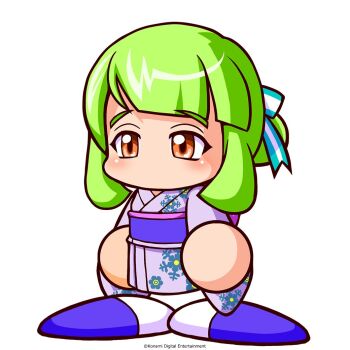 Rule 34 | 1girl, artist request, bow, brown eyes, commentary request, copyright notice, green hair, hair bow, hair bun, japanese clothes, jikkyou powerful pro yakyuu, jikkyou powerful pro yakyuu (style), kimono, misono chika, multicolored shoes, no mouth, official art, power pro appli, purple kimono, purple shoes, rayman limbs, shoes, single hair bun, snowflake print, solo, striped bow, two-tone shoes, white background, white shoes