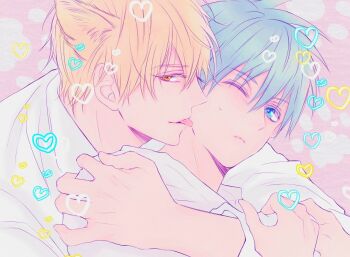 2boys animal_ear_fluff animal_ears arm_around_shoulder arms_up blonde_hair blue_eyes blue_hair cat_boy cat_ears colored_eyelashes commentary_request hand_on_another&#039;s_shoulder heart kemonomimi_mode kise_ryouta kuroko_no_basuke kuroko_tetsuya licking long_sleeves looking_at_another looking_to_the_side male_focus multiple_boys nichi7711 one_eye_closed parted_lips shirt sweatdrop tongue tongue_out upper_body white_shirt yaoi yellow_eyes