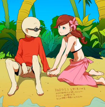 1boy 1girl bald barefoot beach codename:_kids_next_door commentary duplicate earrings eye_contact flower hair_flower hair_ornament hand_grab jewelry katie_(knd) kneeling looking_at_another navel numbuh_1 outdoors palm_tree ponytail sarong shorts smile sunglasses t_k_g translation_request tree water