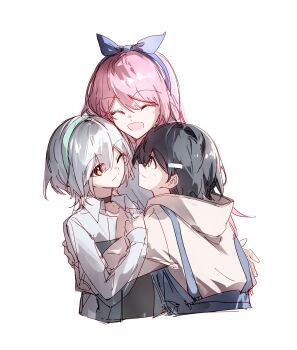 3girls bang_dream! bang_dream!_it&#039;s_mygo!!!!! blue_overalls brown_eyes chihaya_anon fang grey_hair group_hug hair_ornament hairclip hibioes highres hood hood_down hoodie hug kaname_raana multiple_girls one_eye_closed open_mouth overalls pink_hair shirt short_hair simple_background skin_fang takamatsu_tomori white_background white_hair white_hoodie white_shirt yellow_eyes