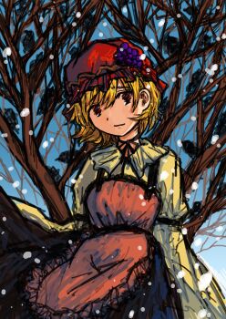 Rule 34 | 1girl, aki minoriko, apron, bare tree, black skirt, blonde hair, commentary request, dade ne, grape hat ornament, hat, highres, long sleeves, looking at viewer, mob cap, one-hour drawing challenge, orange apron, red hat, shirt, short hair, skirt, solo, touhou, tree, yellow shirt