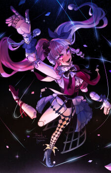 1girl arm_up asymmetrical_clothes black_background black_lips commentary_request doll_joints dress full_body garter_straps heterochromia highres hogara joints long_hair looking_at_viewer multicolored_hair original pink_eyes pink_hair puppet_strings purple_dress purple_eyes purple_hair severed_arm severed_leg severed_limb solo split-color_hair thighhighs twintails very_long_hair