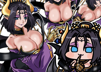 1girl :3 bare_shoulders black_hair blue_eyes breasts cleavage commentary_request detached_sleeves digimon digimon_(creature) hair_ornament jazz_jack large_breasts lilithmon long_hair long_sleeves looking_at_viewer mole mole_under_eye multiple_views pointy_ears purple_lips simple_background smile wide_sleeves wings