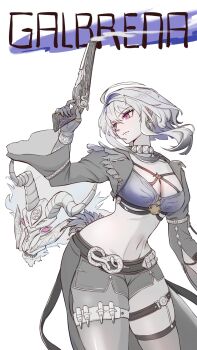 1girl ahoge bandeau belt black_belt black_jacket black_pantyhose black_shorts black_thighhighs blue_bandeau blue_hair breasts character_name chimera_(wuthering_waves) cleavage closed_mouth collarbone colored_extremities cowboy_shot creature criss-cross_straps cropped_jacket earrings fingernails galbrena_(wuthering_waves) gold_choker grey_hair groin gun hair_between_eyes hair_intakes hashtag-only_commentary highres holding holding_gun holding_weapon jacket jewelry long_fingernails long_sleeves medium_breasts medium_hair midriff multicolored_hair navel open_clothes open_jacket pantyhose purple_eyes ring sheep_4art shorts sidelocks simple_background single_leg_pantyhose single_thighhigh single_wing skindentation smoke smoking_barrel standing thigh_belt thigh_strap thighhighs waist_cape weapon white_background wide_sleeves wings wuthering_waves