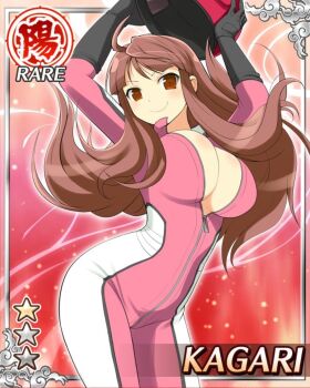 1girl blunt_bangs bodysuit breasts card_(medium) closed_mouth game_cg helmet highres kagari_(senran_kagura) large_breasts long_hair looking_at_viewer motorcycle_helmet multicolored_bodysuit non-web_source official_alternate_costume official_alternate_hairstyle official_art red_bodysuit red_eyes red_hair senran_kagura senran_kagura_new_wave sidelocks smile solo