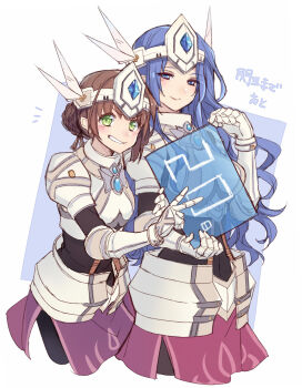 2girls ^^^ achan_(blue_semi) armor black_legwear blue_background blue_eyes blue_hair braid braided_bun breastplate breasts brown_hair countdown cowboy_shot cropped_legs duvalie eiyuu_densetsu ennea_(eiyuu_densetsu) falcom gauntlets green_eyes grin hair_bun helm helmet highres knight long_hair looking_at_viewer medium_breasts multiple_girls sen_no_kiseki_(series) sen_no_kiseki_i short_hair simple_background small_breasts smile straight_hair two-tone_background v white_background