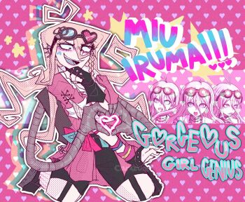 1girl adapted_costume antenna_hair asymmetrical_eyewear black_boots black_gloves black_nails blonde_hair blue_eyes blue_tongue blush boots braid character_name colored_tongue commentary danganronpa_(series) danganronpa_v3:_killing_harmony ear_piercing english_commentary english_text eyelashes facial_mark fingerless_gloves fingernails fishnets full_body gloves goggles goggles_on_head hair_between_eyes hand_on_own_chin heart heart_antenna_hair heart_background heart_facial_mark heart_hands highres iruma_miu kneeling long_hair mechanical_arms messy_hair nail_polish official_art_inset open_mouth outline piercing pink_background pink_shirt pink_skirt shirt short_sleeves single_braid skirt smile solo teeth white_outline zurabyte