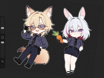 Rule 34 | 1boy, 1girl, animal ears, aventurine (honkai: star rail), belt, black gloves, black necktie, black pants, black skirt, blonde hair, carrot, colored inner hair, cosplay, couple, fox boy, fox ears, fox tail, gloves, hashtag-only commentary, hetero, honkai: star rail, honkai (series), judy hopps, judy hopps (cosplay), miclipsee, multicolored hair, necktie, nick wilde, nick wilde (cosplay), open mouth, pants, pencil skirt, purple eyes, rabbit ears, rabbit girl, skirt, smile, streaked hair, sunglasses, tail, topaz (honkai: star rail), white hair, zootopia