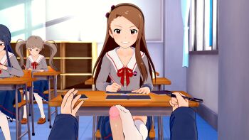 1boy 3d artist_request blush brown_hair classroom flat_chest footjob highres idolmaster idolmaster_(classic) loli minase_iori multiple_girls penis pov school_uniform serafuku smile tagme teacher white_legwear