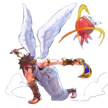 1boy ahoge angel angel_wings blue_eyes brown_hair dual_wielding full_body holding kid_icarus kid_icarus_uprising laurel_crown male_focus monoeye nintendo palutena_bow_(kid_icarus) pit_(kid_icarus) simple_background tears white_background wings zeroji_(motherzero)