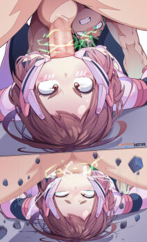 1boy 1girl 2koma 69 black_bodysuit blush bodysuit boku_no_hero_academia brown_eyes brown_hair clenched_teeth comic deepthroat fellatio green_eyes green_hair hero_outfit_(mha) hetero hot_vr irrumatio izuocha lying midoriya_izuku multicolored_bodysuit on_back oral penis pink_bodysuit rolling_eyes short_hair straddling_fellatio superhero_costume teeth testicles uncensored upside-down uraraka_ochako uraraka_ochako_(hero_outfit) white_bodysuit