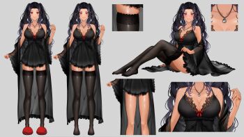 1girl absurdres babydoll black_hair black_thighhighs bow breasts cleavage collarbone commentary english_commentary frilled_babydoll highres jewelry lace-trimmed_babydoll lace_trim long_hair mole mole_on_breast mole_under_eye multicolored_nails multiple_moles necklace nijisanji nijisanji_en red_bow red_eyes red_nails red_slippers reference_sheet riz3 scarle_yonaguni scarle_yonaguni_(pajamas) second-party_source sitting slippers smile thighhighs two-tone_nails virtual_youtuber white_nails