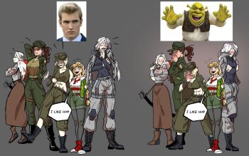 Rule 34 | 5girls, alpha (alpha 1918), before and after, black boots, black shirt, blonde hair, blush, boika (snow draw), boots, brown boots, brown hair, brown pants, brown skirt, bulgarian flag, character request, closed mouth, embarrassed, fanning self, green jacket, green pants, hat, highres, jacket, jacket on shoulders, marichka, military hat, military uniform, multiple girls, nikolai aleksandrovich lukashenko, non-web source, open mouth, original, pants, pantyhose, ponytail, real life, russian volunteer corps, russo-ukrainian war, scimitar, shirt, shrek, shrek (series), skin tight, skirt, slavic clothes, smile, snow draw, sword, tryzub, ukrainian flag, weapon, white hair