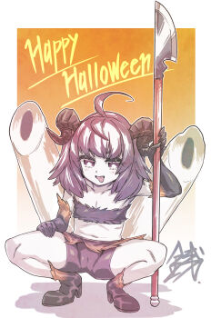 1girl ahoge boots flat_chest full_body halloween halloween_costume happy_halloween highres holding holding_polearm holding_weapon horns kiritanpo_(food) looking_at_viewer medium_hair polearm sentarou shorts smile solo squatting tongue tongue_out touhoku_kiritan voiceroid weapon