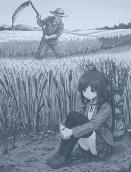 1boy 1girl :/ backpack bag blazer closed_mouth collared_shirt day digging_your_own_grave dress_shirt empty_eyes farm farmer field foliage full_body greyscale hamsterfragment harvest hat holding holding_scythe hugging_own_legs imminent_death imminent_suicide jacket jaggy_lines knees_up loafers long_sleeves looking_afar looking_ahead medium_hair monochrome mountainous_horizon neck_ribbon no_eyes no_nose old old_man on_ground original outdoors over-kneehighs pants raised_eyebrows ribbon rope rural school_uniform scythe shinohata_sachie_(hamsterfragment) shirt shoes sitting skirt standing straw_hat sun_hat thighhighs two-handed unhappy wheat wheat_bundle wheat_field working