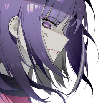 1boy anger_vein buttons camille407 chinese_commentary clenched_teeth colored_inner_hair commentary_request earclip eyelashes from_side jacket male_focus medium_hair multicolored_hair portrait profile purple_eyes purple_hair red_jacket simple_background solo teeth the_hundred_line_-last_defense_academy- tsukumo_ima two-tone_hair white_background white_hair