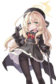 Rule 34 | 1girl, beret, black coat, black hat, black pantyhose, black sailor collar, black serafuku, blonde hair, blue archive, bow, bowtie, cane, chess piece, coat, feet out of frame, fluffy hair, gluteal fold, green eyes, halo, hat, holding, holding cane, holding chess piece, long hair, looking at viewer, mozhu 333, open clothes, open coat, panties, panties under pantyhose, pantyhose, pantyshot, professor niyaniya (blue archive), red bow, red bowtie, sailor collar, school uniform, serafuku, side ahoge, smile, solo, thighband pantyhose, underwear, white background, yellow halo