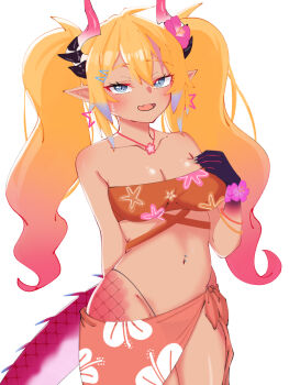 1girl bikini black_hair blue_eyes breasts chromashift claws cleavage collarbone colored_tips commentary cowboy_shot dark-skinned_female dark_skin dragon_girl dragon_horns dragon_tail earrings english_commentary eyelashes fang floral_print hair_ornament hairclip hand_on_own_chest highres horns jewelry kai_saikota ks_(o6k6s) long_hair multicolored_hair navel navel_piercing necklace official_alternate_hair_color official_alternate_skin_color open_mouth orange_bikini orange_sarong piercing pink_hair pointy_ears sarong simple_background skin_fang slit_pupils smile solo star_(symbol) star_earrings stomach streaked_hair swimsuit tail tan twintails virtual_youtuber white_background