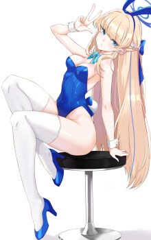 1girl animal_ears aqua_bow aqua_bowtie asya bar_stool blonde_hair blue_archive blue_bow blue_hairband blue_halo blue_leotard bow bowtie braid detached_collar expressionless fake_animal_ears fake_tail full_body hair_bow hairband half_up_braid halo high_heels highleg highleg_leotard highres leotard long_hair looking_at_viewer official_alternate_costume playboy_bunny rabbit_ears rabbit_tail sitting stool strapless strapless_leotard tail thighhighs toki_(blue_archive) toki_(bunny)_(blue_archive) v white_background white_thighhighs white_wrist_cuffs wrist_cuffs