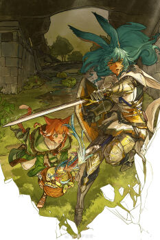 2girls absurdres animal_ears aqua_hair armor basket braid cape cat_ears cat_girl cat_tail commentary_request creature dynamic_pose final_fantasy final_fantasy_xiv full_armor gauntlets green_eyes highres holding holding_shield holding_sword holding_weapon long_hair miqo'te multicolored_hair multiple_girls orange_hair outdoors shield streaked_hair sword tail twin_braids viera warrior_of_light_(ff14) watermark weapon weibo_watermark white_cape white_hair yellow_eyes yuzaiii