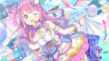 Rule 34 | 1girl, ;d, absurdres, arm strap, balloon, blue bow, blue bowtie, blue sky, bow, bowtie, cloud, commentary request, concert, confetti, copyright notice, corset, day, detached collar, gradient hair, hair bow, hair ornament, hair rings, hand on own chest, headset, highres, himemori luna, hololive, hololive dreams, layered skirt, long hair, looking at viewer, multicolored hair, official art, one eye closed, one side up, open mouth, outdoors, pink hair, pink skirt, pom pom (clothes), pom pom hair ornament, purple corset, purple eyes, purple hair, shirt, single hair ring, skirt, sky, sleeveless, sleeveless shirt, smile, solo, upper body, vest, virtual youtuber, waist bow, wavy hair, white shirt, white skirt, white vest, wrist cuffs