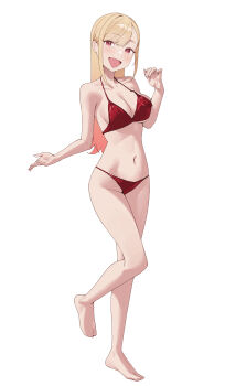 1girl bikini blonde_hair breasts cleavage gyaru highres kitagawa_marin large_breasts looking_at_viewer multicolored_hair navel nmm open_mouth red_bikini red_eyes simple_background solo sono_bisque_doll_wa_koi_wo_suru standing standing_on_one_leg swimsuit white_background