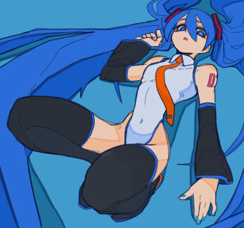1girl absurdres arm_tattoo black_boots blue_background blue_eyes blue_hair blue_nails bone_nigi boots collared_leotard covered_navel detached_sleeves hair_between_eyes hatsune_miku highres leotard long_hair lying necktie on_back orange_necktie solo tattoo thigh_boots very_long_hair vocaloid white_leotard