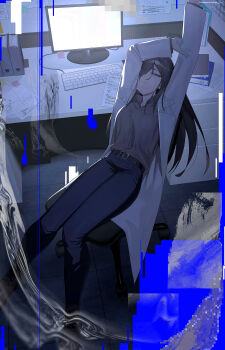1girl absurdres book chair coat commentary commission computer computer_keyboard cubicle english_commentary highres long_hair monitor original paper signal_1120 sitting skeb_commission solo stretching swivel_chair white_coat