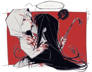 Rule 34 | 1boy, 1girl, adashino adami, blood, blood on clothes, blood on face, blood on hands, bloody weapon, commentary request, crowbar, hetero, highres, holding, holding crowbar, homicipher, hood, hood up, japanese clothes, kimono, korean commentary, licking, licking another's face, long hair, mr. crawling, raincoat, red background, red eyes, short hair, simple background, spot color, sweeeet him, very long hair, weapon